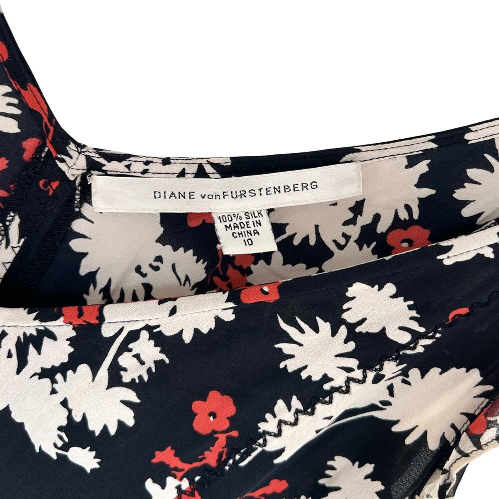 Vintage Diane von Furstenberg Silk Floral Midi Dress Black Red V Neck Size 10 - Picture 7 of 8